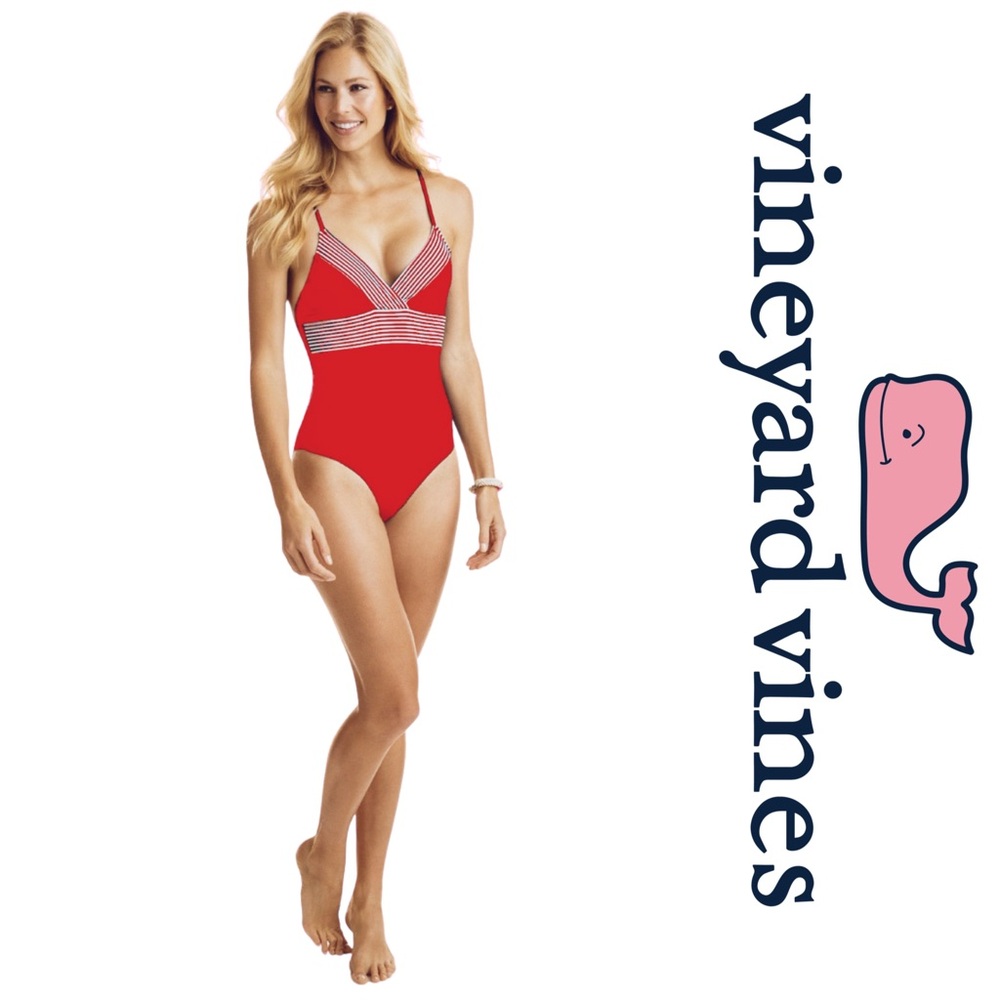 Vineyard Vines Red One-Piece Swimsuit with Striped Trim
